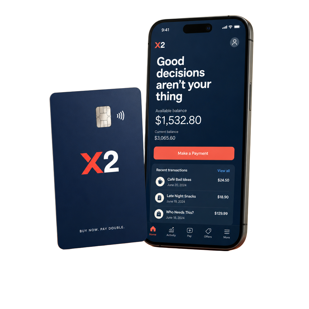 X2 navy credit card next to a phone showing the X2 finance app